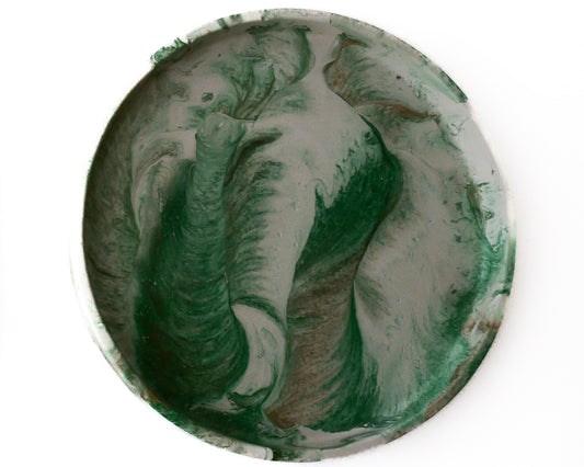 Handmade Round Concrete Tray to Match the Amazonian Enigma Candle, uniquely crafted to match the rainforest colors, this decorative tray adds uniqueness to any  house, it has beautiful colors in green, brown and gold combined tones.