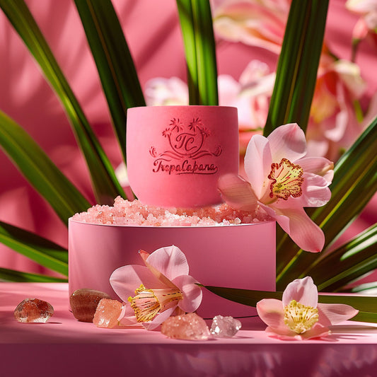 8 oz Concrete Pink Beach Candle, Inspired by the pink sand beaches of Barbados, fragrance tropical, fruity, floral and sandy, made with coconut wax, luxury candle, vegan candle, TropaCabana, handmade candle